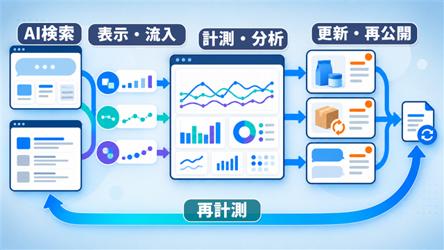 AI検索での表示・クリック・参照流入を計測し、商品、配送・返品、FAQを更新して再計測する運用サイクルの図解