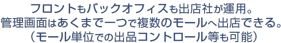 フロントもバックオフィスも出店社が運用。管理画面はあくまで一つで複数のモールへ出店できる。(モール単位での出品コントロール等も可能)