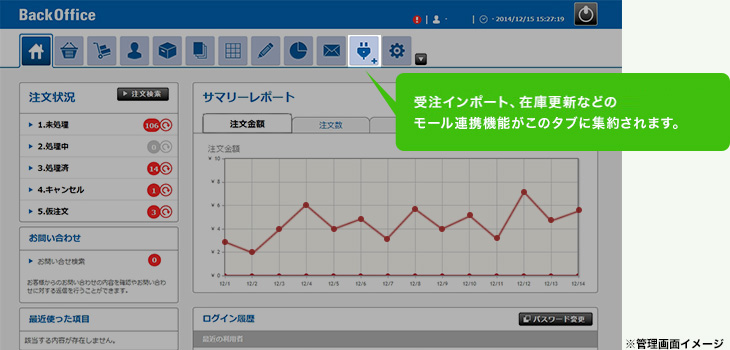 商品CSV出力、受注CSVインポート、在庫CSV出力のCSV機能がこのタブに集約されます。